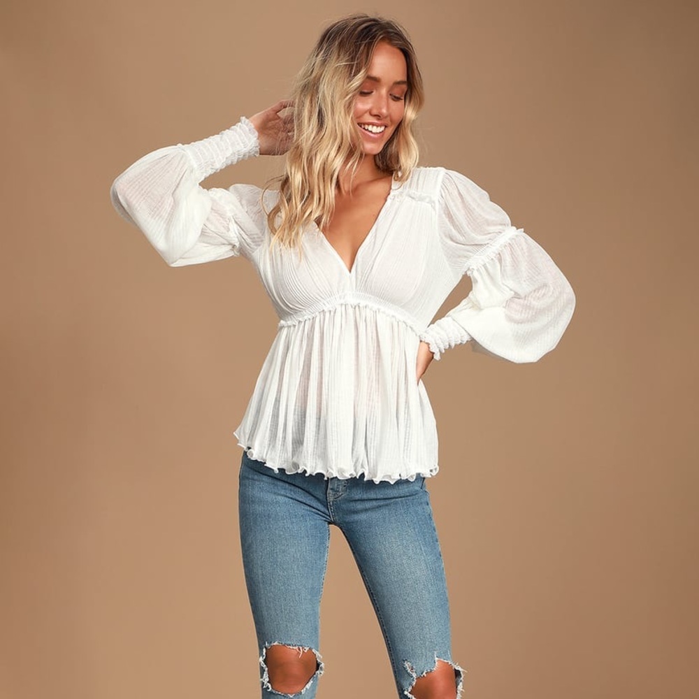 Free People White Ruffled Balloon Sleeve Top